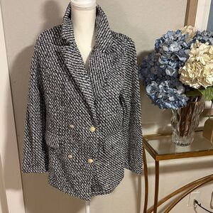 H&M tweed knit blazer with gold buttons in black and white